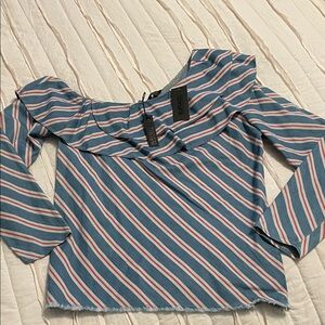 Buffalo cotton blue/red stripe shirt. Semi off shoulder with fringe bottom.